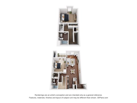 A floor plan of a two-story residential building with a living room, kitchen, and bedrooms.